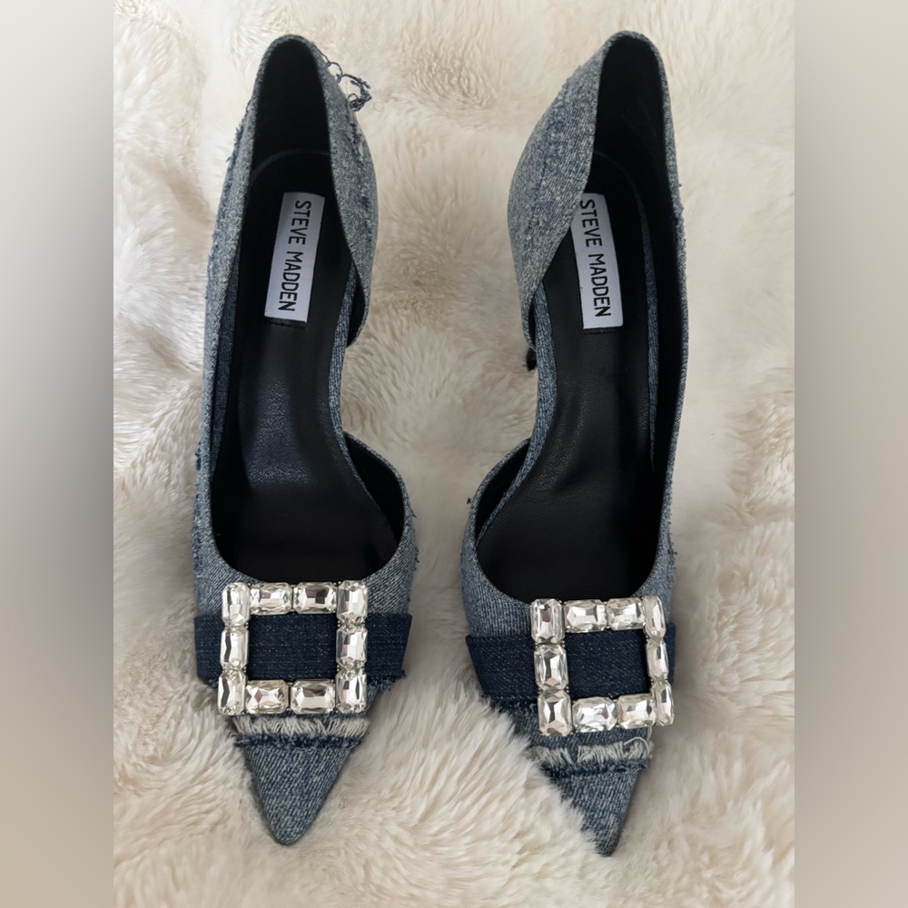 Steve Madden DistressesDenim Women's Heels with Crystal Buckle - Size 7.5
